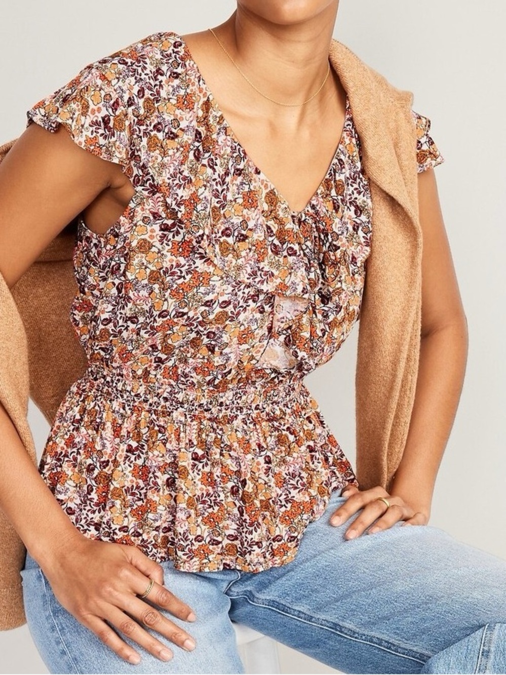 Ditsy Floral Waist-Defined Ruffled Top Women’s Medium
